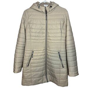 Zella Beige Hooded Lightweight Puffer Jacket | Women's Medium Nylon Coat